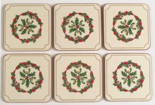 Royal Worcester Holly Ribbons 6 Piece Plastic and Cork Coaster Set, Fine China D