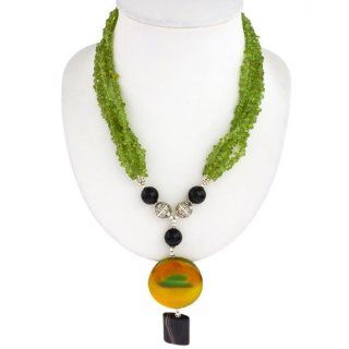 EXP Handmade Green Peridot, Agate & Black Onyx Necklace With Antiqued Silver Tone Beads Jewelry