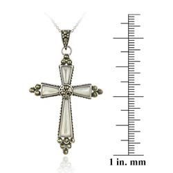 Glitzy Rocks Sterling Silver Mother of Pearl and Marcasite Cross Necklace Glitzy Rocks Gemstone Necklaces