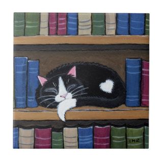 Book Love  Cat Sleeping on Bookcase Tile