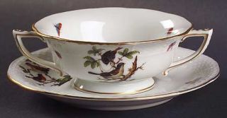 Herend Rothschild Bird (Ro) Footed Cream Soup Bowl & Saucer Set, Fine China Dinn
