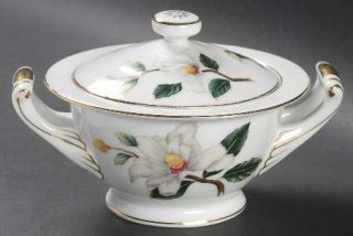 Seyei Fall Camellia Sugar Bowl & Lid, Fine China Dinnerware   White Flowers,Gree