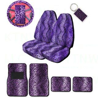 A Set of 2 Universal Fit Animal Print High Back Bucket Seat Covers, Wheel Cover, 2 Shoulder Pads 4 Floor Mats, and 1 Key Fob   Leopard Purple Automotive