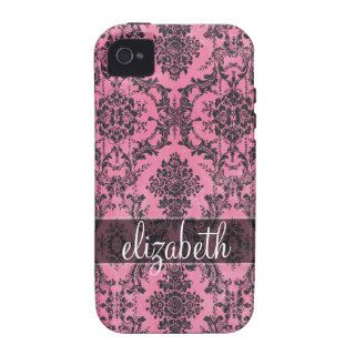 Pink & Black Vintage Damask Pattern with Monogram iPhone 4/4S Covers