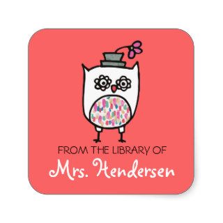 White Owl with Hat Bookplates Square Stickers