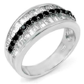 .925 Sterling Silver Wedding Ring, Round Cut Black Cubic Zirconia and Baguette Cut Cubic Zirconia Black Diamond Wedding Bands For Women Jewelry