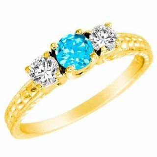 DivaDiamonds C6410DBTDY7 14K Yellow Gold Round 3 Stone Diamond and Blue Topaz Ring with Cobra Design Shank, 0.90 ctw, Size 7 Diva Diamonds 