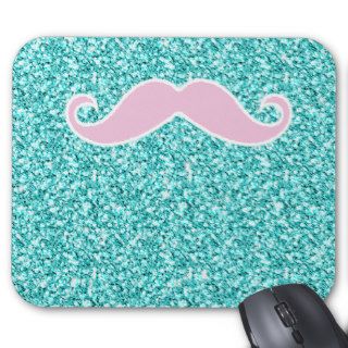 GIRLY PINK MUSTACHE ON TEAL GLITTER EFFECT MOUSEPAD