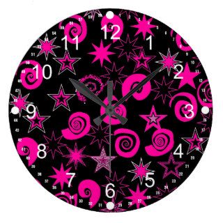 Funky Hot Pink Black Stars Swirls Fun Pattern Gift Clocks