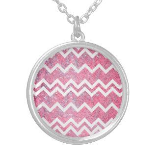Trendy Girly Pink Chevron Glitter Photo Print Necklaces