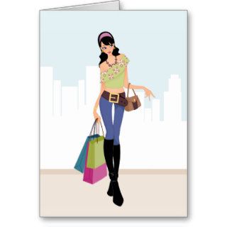 Pretty girls shopping in the city greeting card