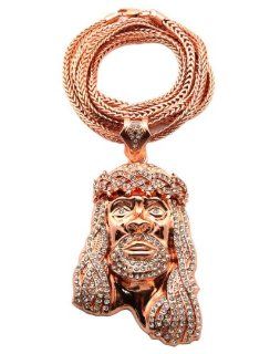 New Iced Out Rose Gold Rhinestone Jesus Face Pendant w/4mm 36" Franco Chain Necklace MP449RG Jewelry