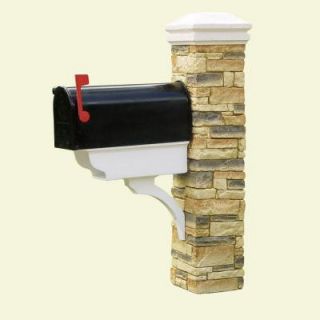 Eye Level Beige Stacked Stone Mailbox Post, Newspaper Holder and Curved Cap 50 KITBWPC