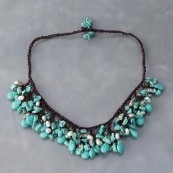 Cotton Clusters Teardrop Turquoise/ Pearl Necklace (5 7 mm) (Thailand) Necklaces