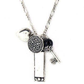 Oxidized Silver Charm Pendant with Harmonica, Key, Heart, and Shield Jewelry