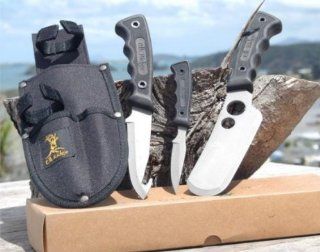 ER 018. Elk Ridge Hunting Knife Set 10 3/4", 9 1/4" and 6 1/2" Overall. This Elk Ridge Hunting Knife Set Has 3 Full Tang 440 Stainless Steel Blades And Includes A Custom Nylon Sheath To Hold All 3 Knives. KNIFE fixed blade knife hunting shar