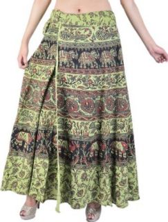 Exotic India Tendril Green Wrap Around Sanganeri Skirt with Printed Elep   Green World Apparel Clothing