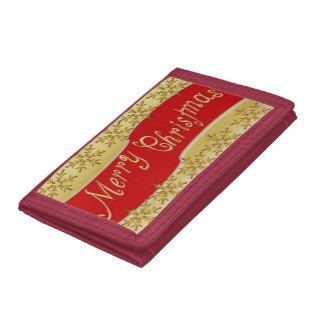 Red Merry Christmas Banner On Gold With Snowflakes Tri fold Wallets