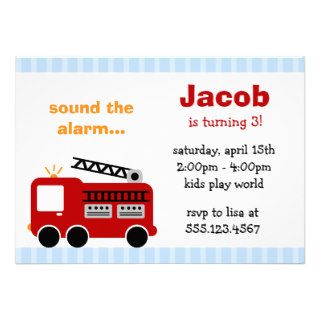 Blue Stripes Fire Truck Birthday Party Invitations