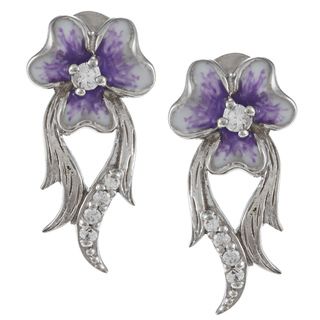 La Preciosa Sterling Silver Purple and White Enamel Flower Earrings La Preciosa Cubic Zirconia Earrings
