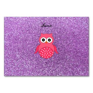 Personalized name pink owl light purple glitter table card