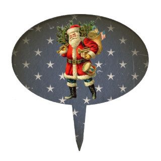 Vintage Patriotic Santa With Sack And Tree Cake Toppers