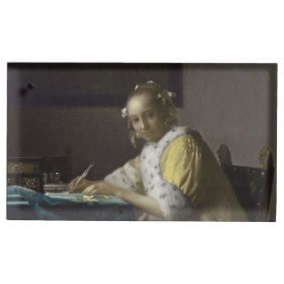 Lady Writing a Letter by Johannes Vermeer Table Card Holder