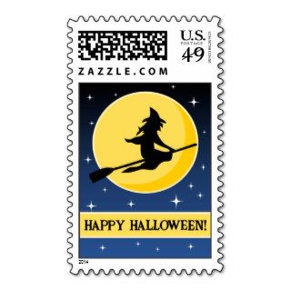 Witch Flying Across Moon Halloween Postage Stamps