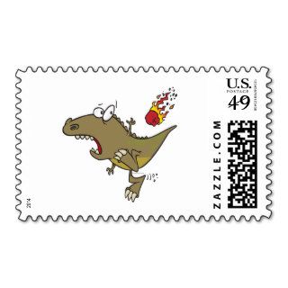 silly t rex dinosaur dodging meteor cartoon postage stamp