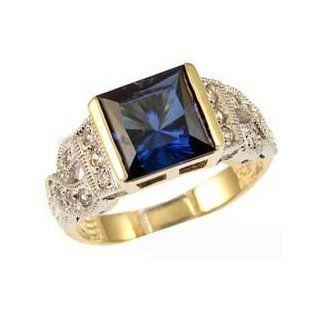 14k Yellow Gold White Rhodium, Fancy Estate Style Ring with Lab Created Princess Square Shape Dark Blue Colored Stone Jewelry