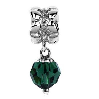 Sterling Silver May Birth Stone Dangle with Emerald Color Swarovski Crystal 8mm, Fits Pandora Bracelets. Jewelry
