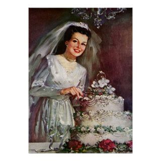 Vintage Newlywed Bride Cutting Her Wedding Cake Posters
