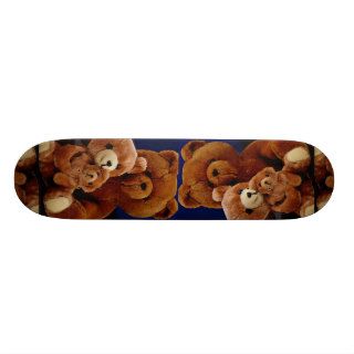 Three teddy bears sitting on each other's laps skateboard