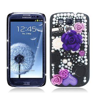 Black Purple Flower Bling Gem Jeweled Crystal Cover Case for Samsung Galaxy S3 S III Cell Phones & Accessories