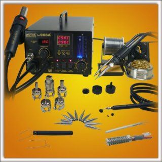 NEW Updated Aoyue 968A+ SMD Digital Hot Air Rework Station, 4 in 1 station has Hot Air, a 70 Watt Soldering Iron, vacuum pickup tool and a built in smoke absorber   500 Watt Heater   5 nozzles   10 Soldering Iron Tips  Spare Heating Elements    