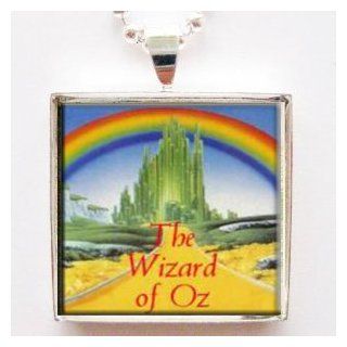 Wizard of Oz Emerald City Glass Silver Tile Pendant Necklace with Silver Chain Jewelry