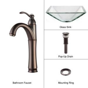 KRAUS Glass Bathroom Sink in Clear Aquamarine with Single Hole 1 Handle Low Arc Riviera Faucet in Oil Rubbed Bronze C GVS 901 19mm 1005ORB