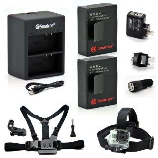 Smatree Power Battery (2 Pack) and Dual Charger kits and Gopro accessories for GoPro Hero3, Hero3+ and GoPro AHDBT 201, AHDBT 301, AHDBT 302, AHBBP 301, ACARC 001, AWALC 001 (With Head&Chest Strap)