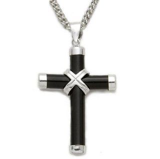 1 1/8" Sterling Silver Black Onyx Cross Necklace with Silver Tips on 18" Chain Pendant Necklaces Jewelry