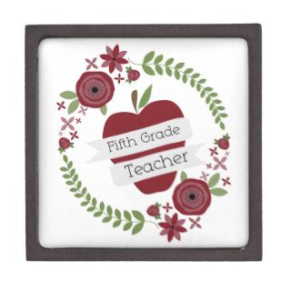 Fifth Grade Teacher Floral Wreath Red Apple Premium Trinket Boxes