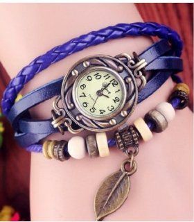 WAWO Quartz Fashion Weave Wrap Around Leather Bracelet Lady Woman Wrist Watch (Blue leaf) Watches