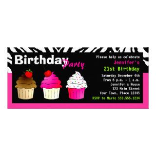 Custom Birthday Party Hot Pink Zebra   Cupcakes Announcements