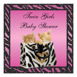 Kittens Twin Girls Zebra Print Baby Shower Invitation