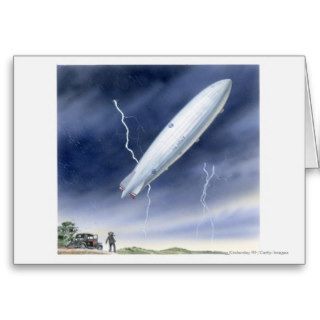 Illustration of airship being struck by lightning greeting card
