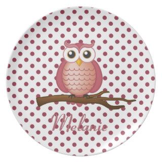 Personalizable Pink Girly Owl Polka Dots Plates