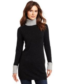 Magaschoni Women's 100% Cashmere Turtleneck Tunic Sweater, Charcoal/Light Silver, Large Pullover Sweaters