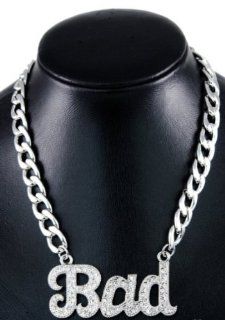 Rihanna Style Crystal BAD Pendant Necklace Silver Bkn491 Jewelry