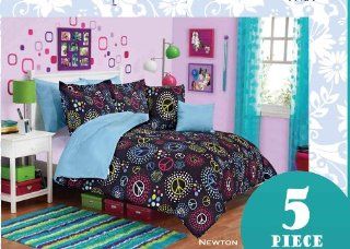 5 Pieces Multi Colored Peace Sign Black Duvet Cover Set Twin Size Bedding  