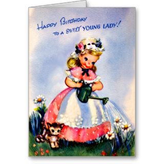 Little Girl Pink Dress   Retro Happy Birthday Cards