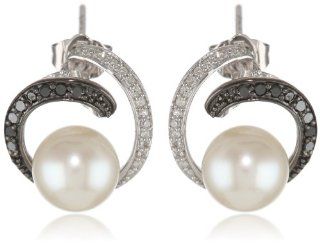 14k White Gold, Freshwater Cultured Pearl, and Black and White Diamond Earrings (.25 Cttw, G H Color, I1 I2 Clarity) Jewelry